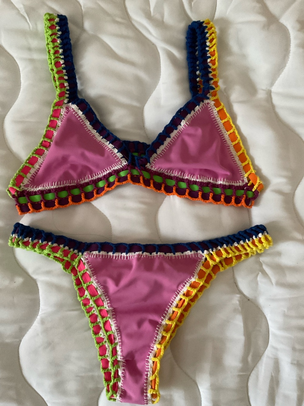 Pink Crochet-Trim Triangle Bikini Set - Unbranded